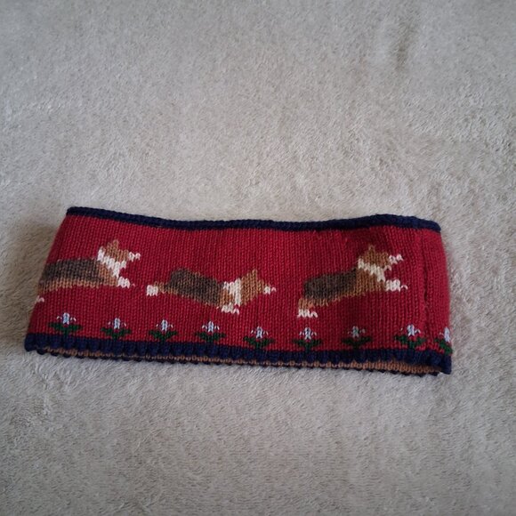 Ouisha Women's Red Navy Trim Corgi Dog Hand Loomed Pure Wool Winter Headband - Picture 3 of 8